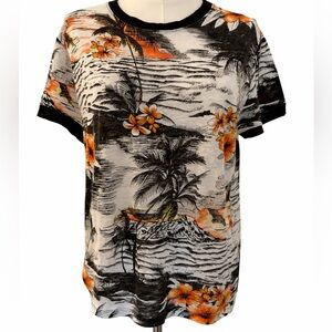 Maje Black and Orange Floral Print Short Sleeve Top